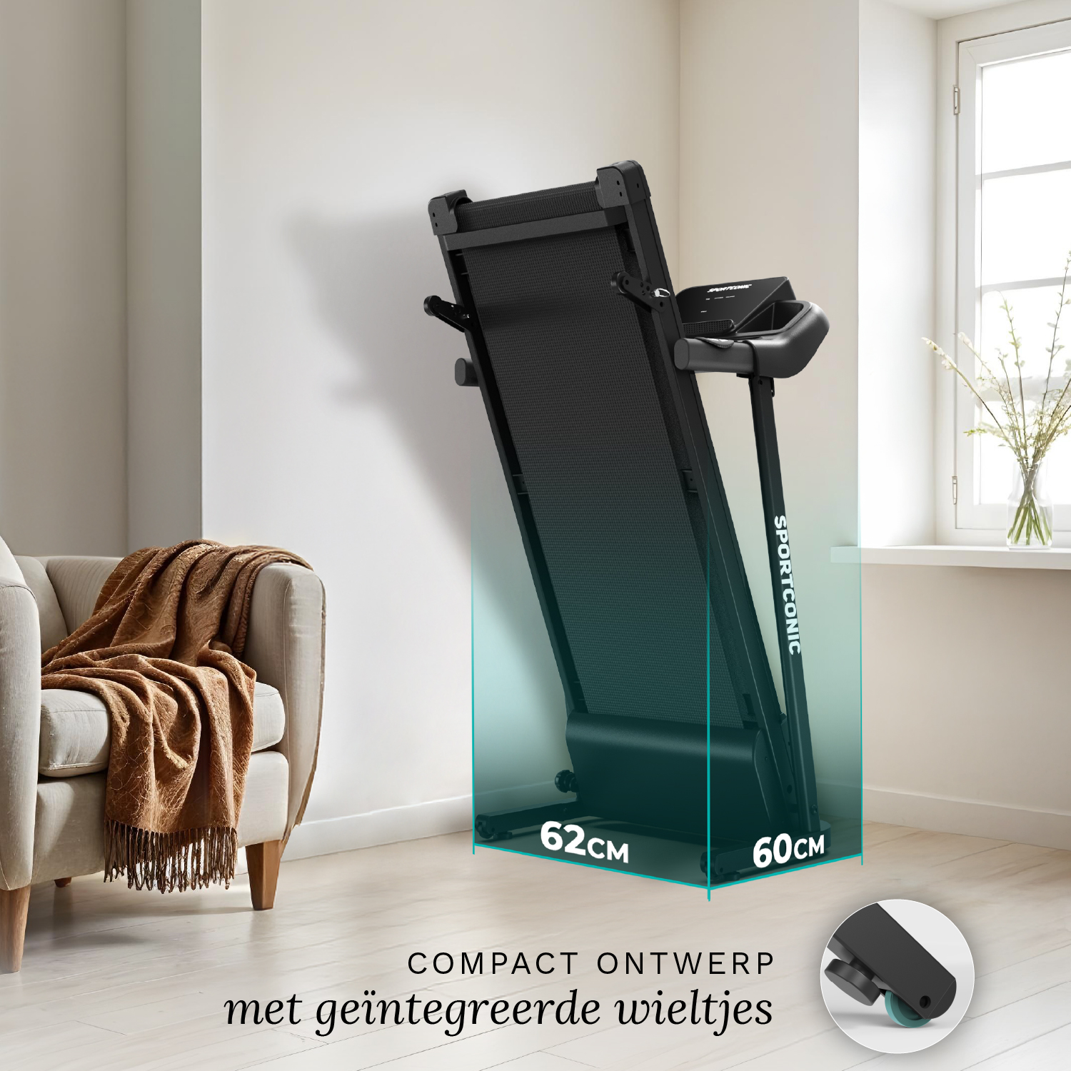 Schwarzer Laufband in einem Wohnzimmer, neben einem Sessel.