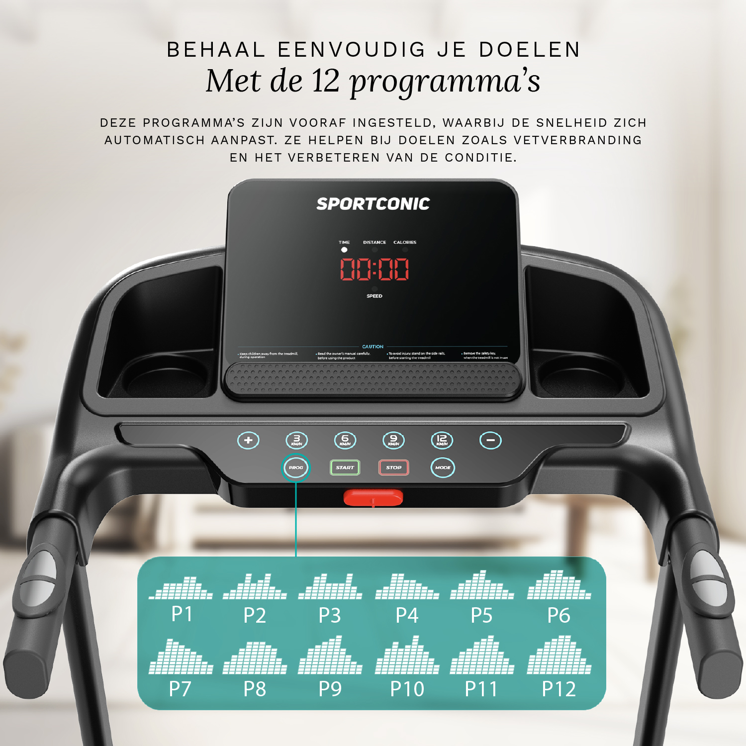 Ein Laufband mit dem "SPORTCONIC"-Logo und 12 Programm-Grafiken.