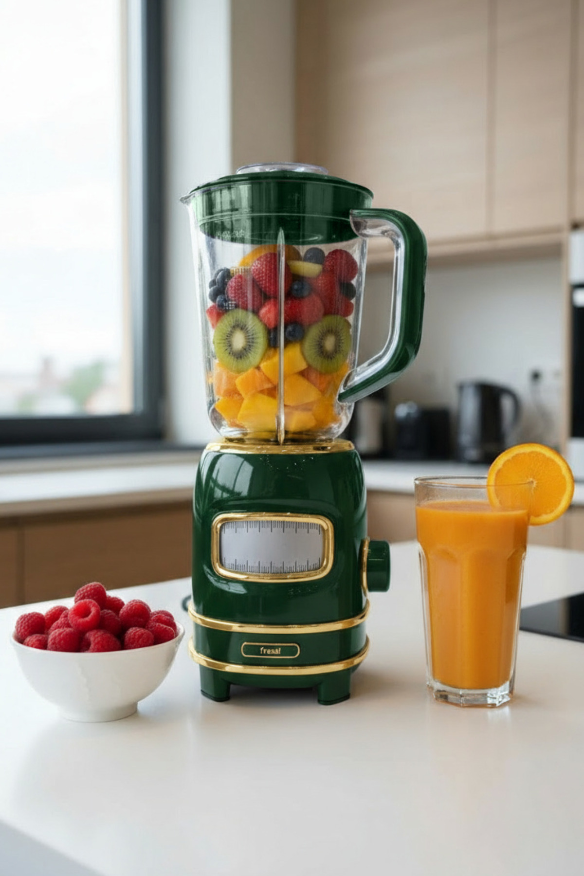 Meyve dolu yeşil blender, yanında bir kase ahududu ve bir bardak meyve suyu.