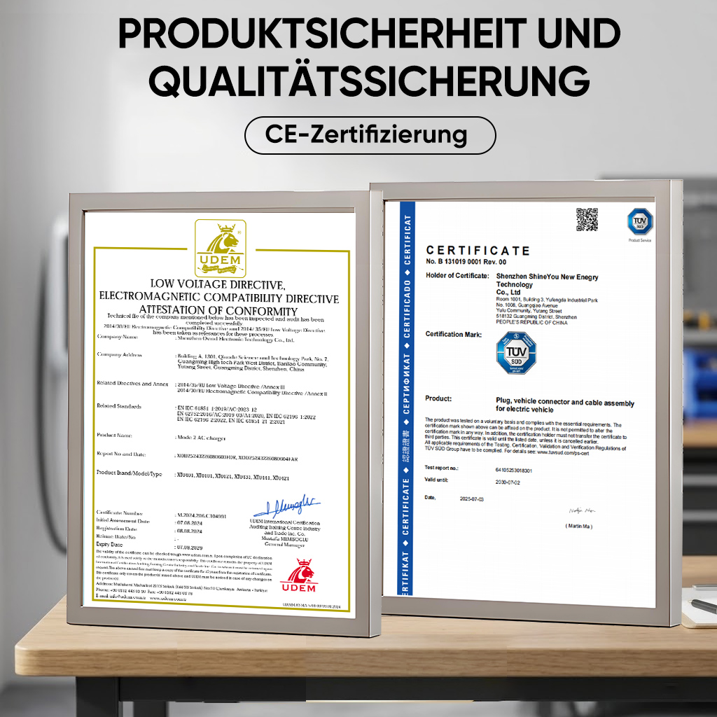 Zwei Zertifikate: eines für Niederspannungsrichtlinie und EMV-Konformität, eines für Elektrofahrzeugkomponenten.