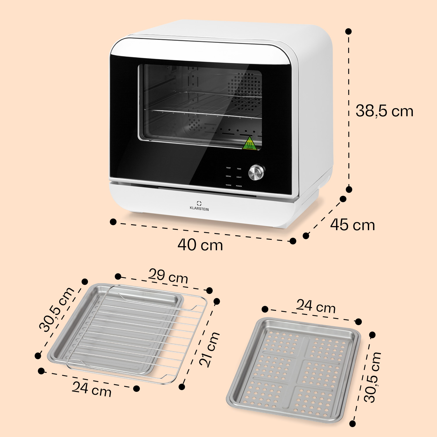 Forno bianco compatto con accessori: teglia, griglia. Dimensioni: 40x38,5x45 cm.