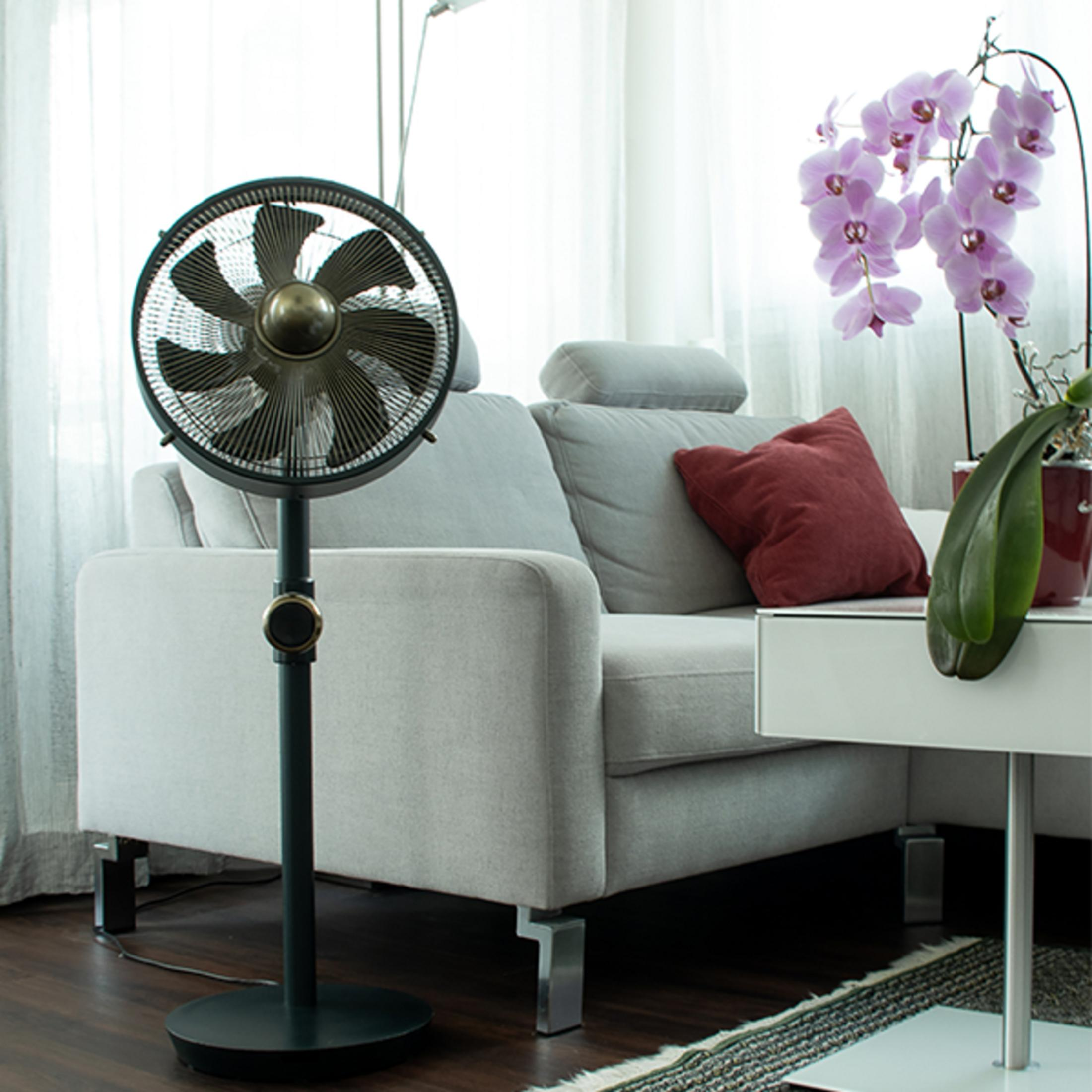 Un ventilateur sombre se tient à côté d'un canapé gris clair avec un coussin rouge.