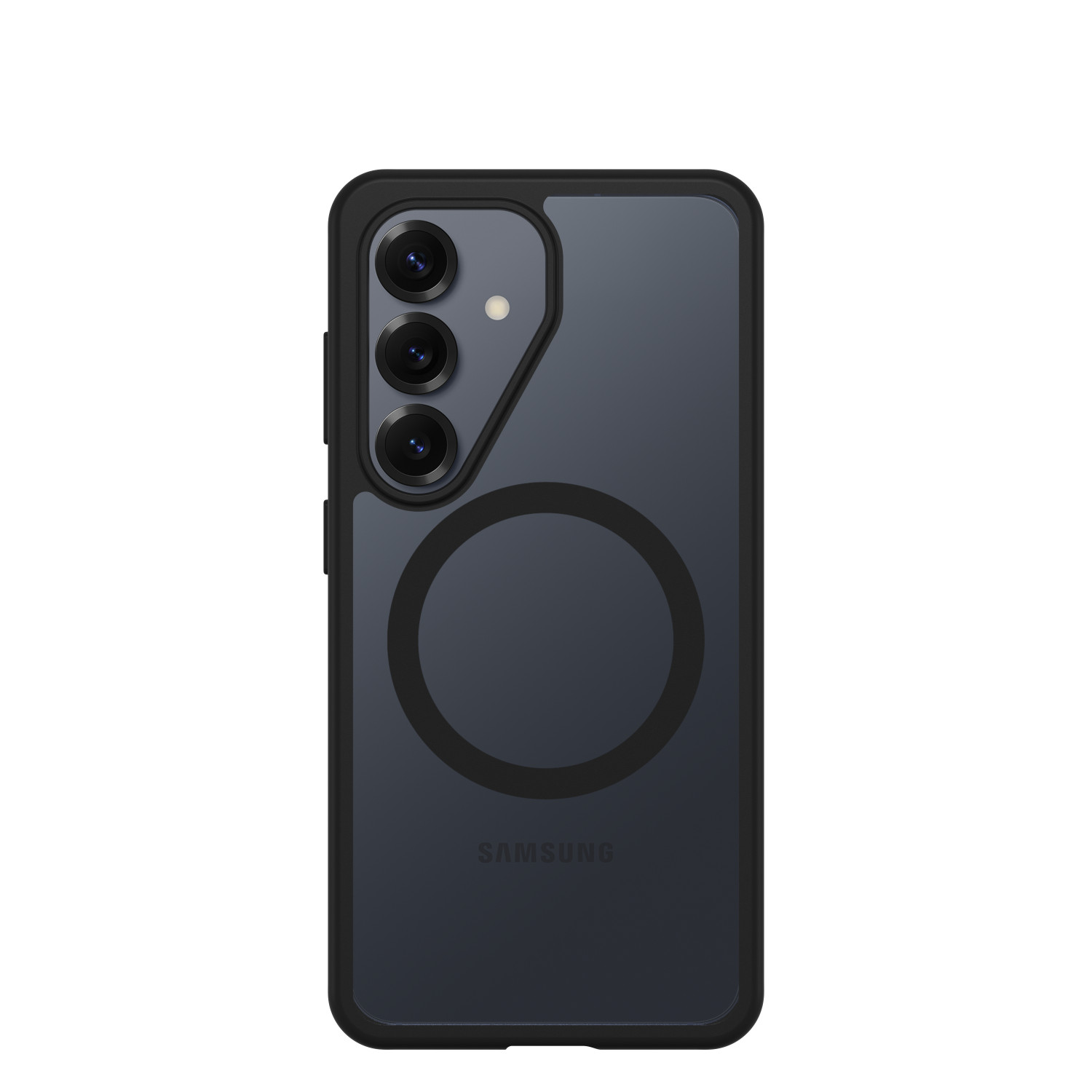 Donkerblauwe Samsung smartphone met drie camera's en een magneetring op de achterkant.
