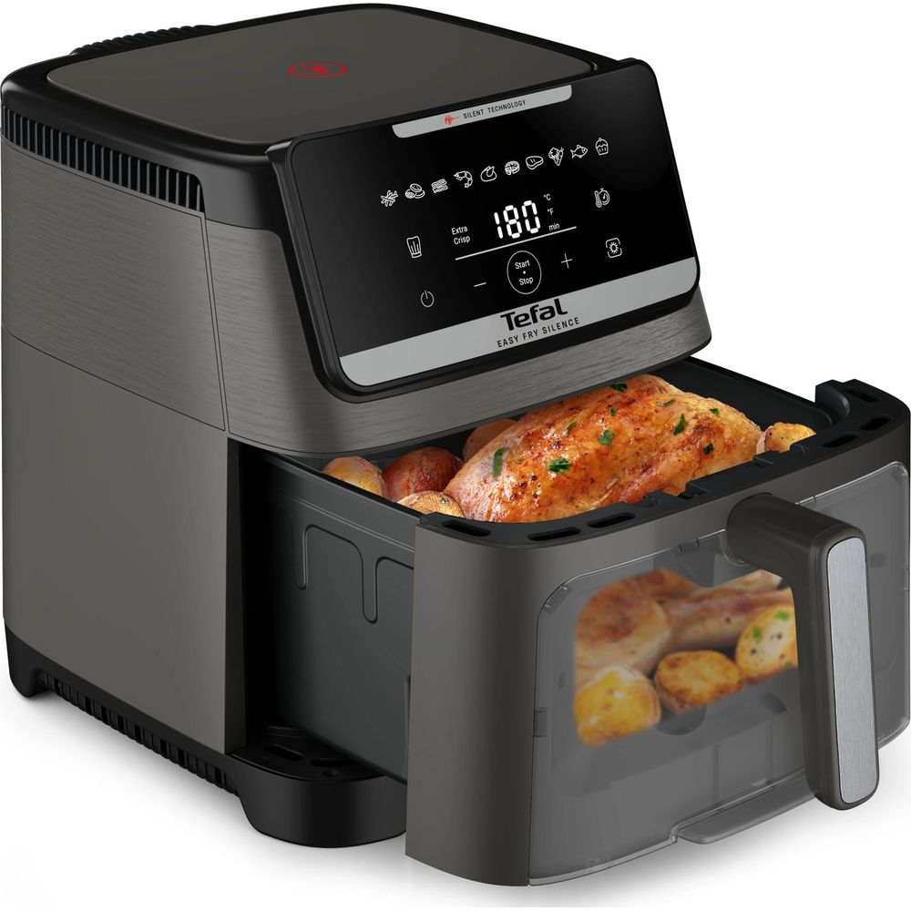 Friggitrice ad aria Tefal Easy Fry Silence con pollo arrosto e patate.
