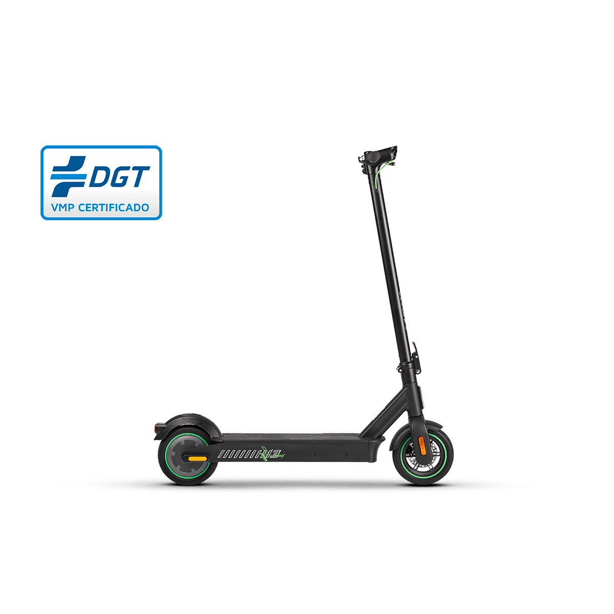 Patinete eléctrico negro con detalles verdes y distintivo DGT VMP CERTIFICADO.