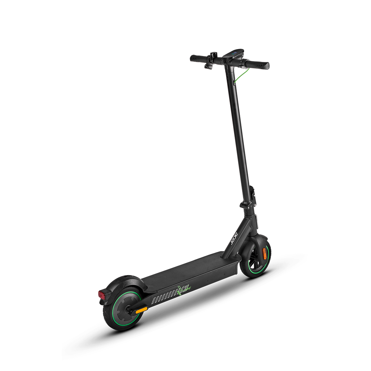 Patinete eléctrico negro con detalles verdes sobre fondo blanco.