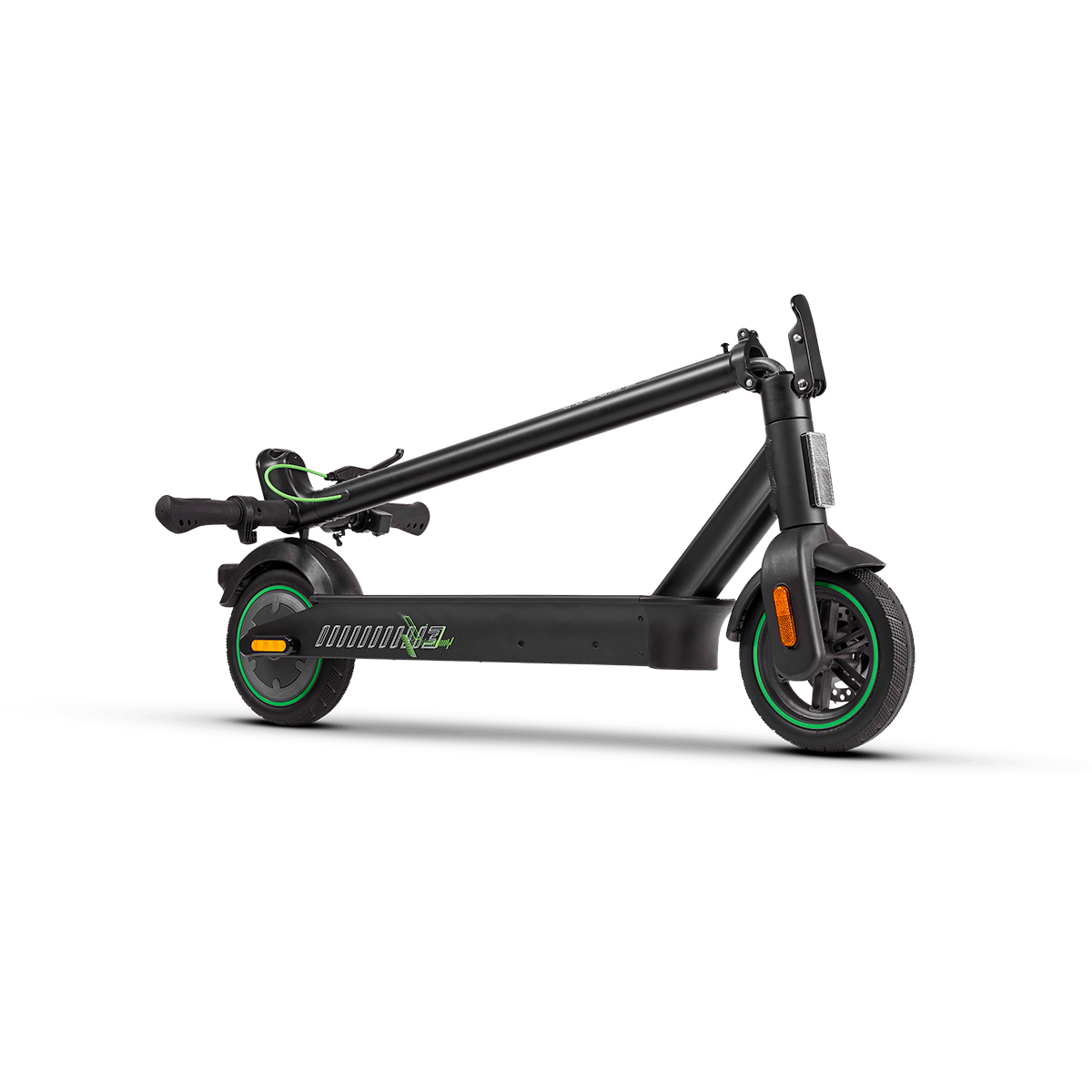 Un patinete eléctrico negro con detalles verdes, mostrado plegado.