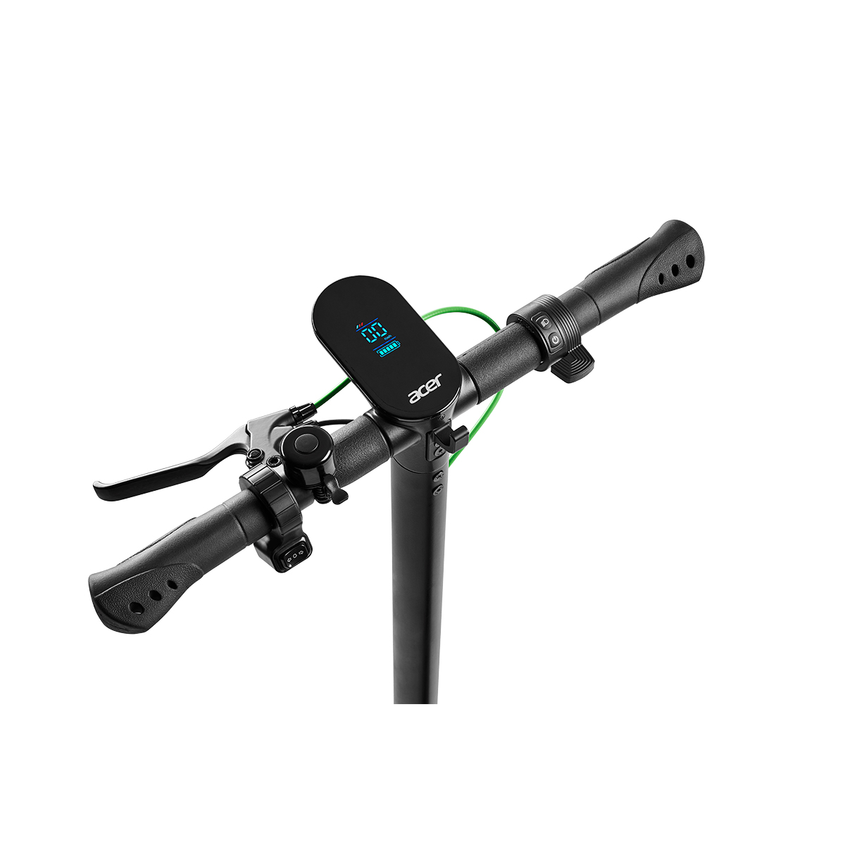 Manillar de patinete eléctrico con pantalla, palanca de freno y puño.