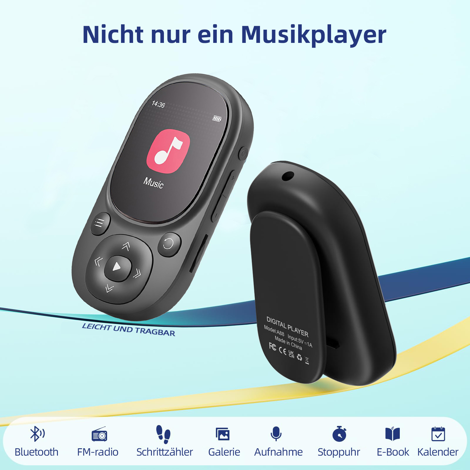 Ein schwarzer digitaler Musikplayer mit Clip und Touchscreen, der Musik anzeigt.