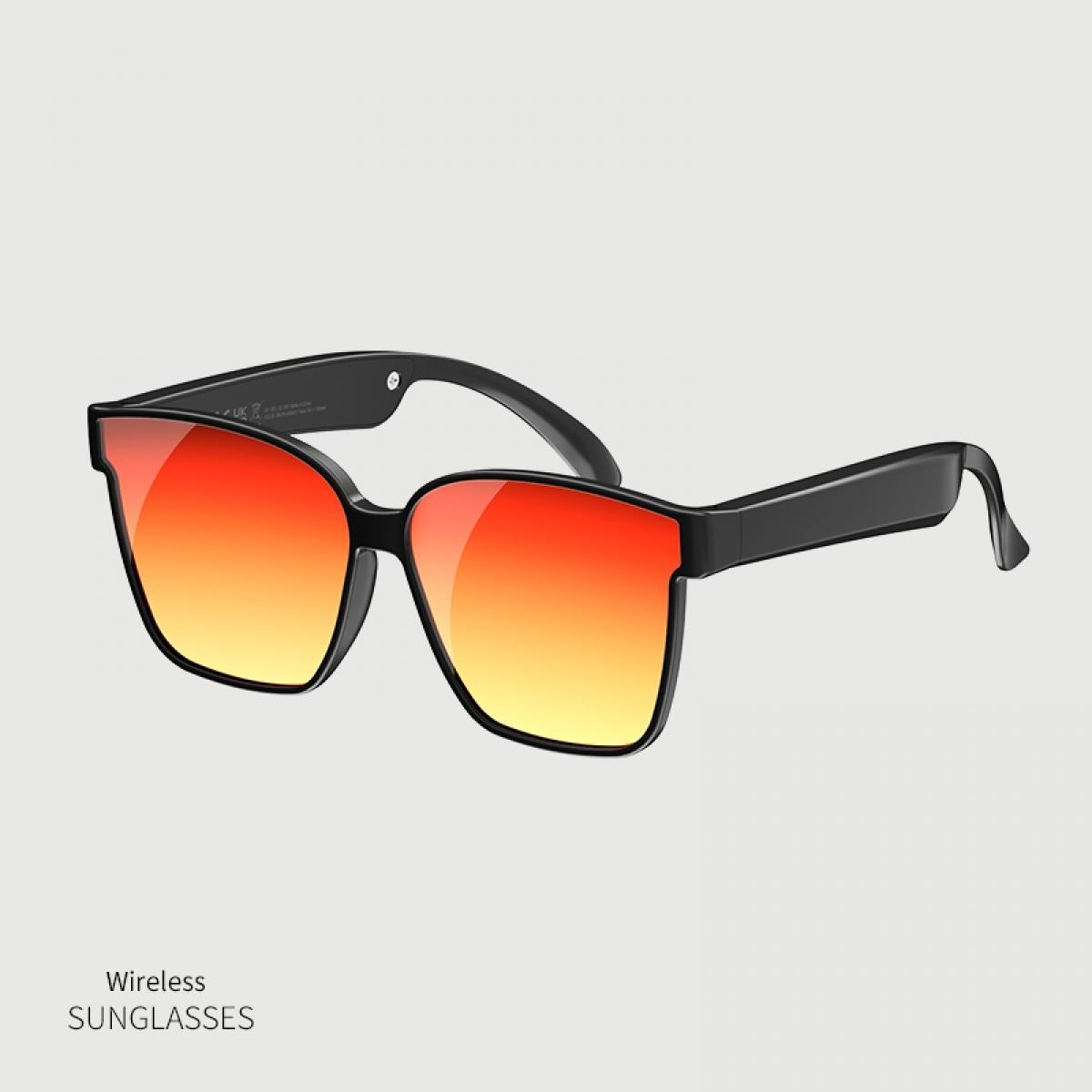 Schwarze Sonnenbrille mit orange-gelben Gläsern, auf grauem Hintergrund.
