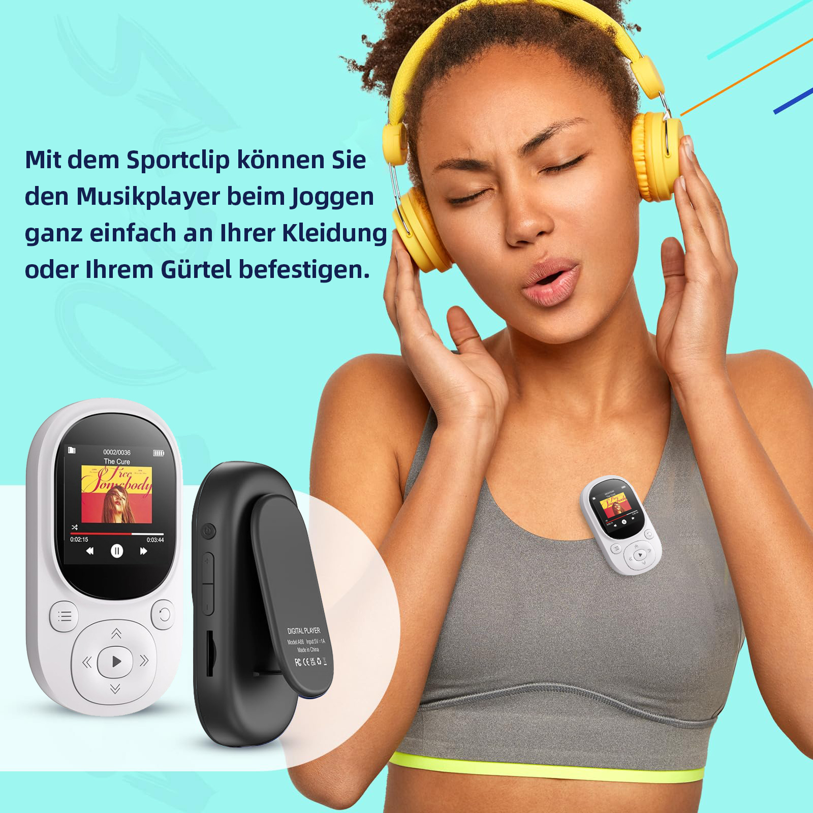 Frau mit Kopfhörern und Player, der am Sport-BH befestigt ist.