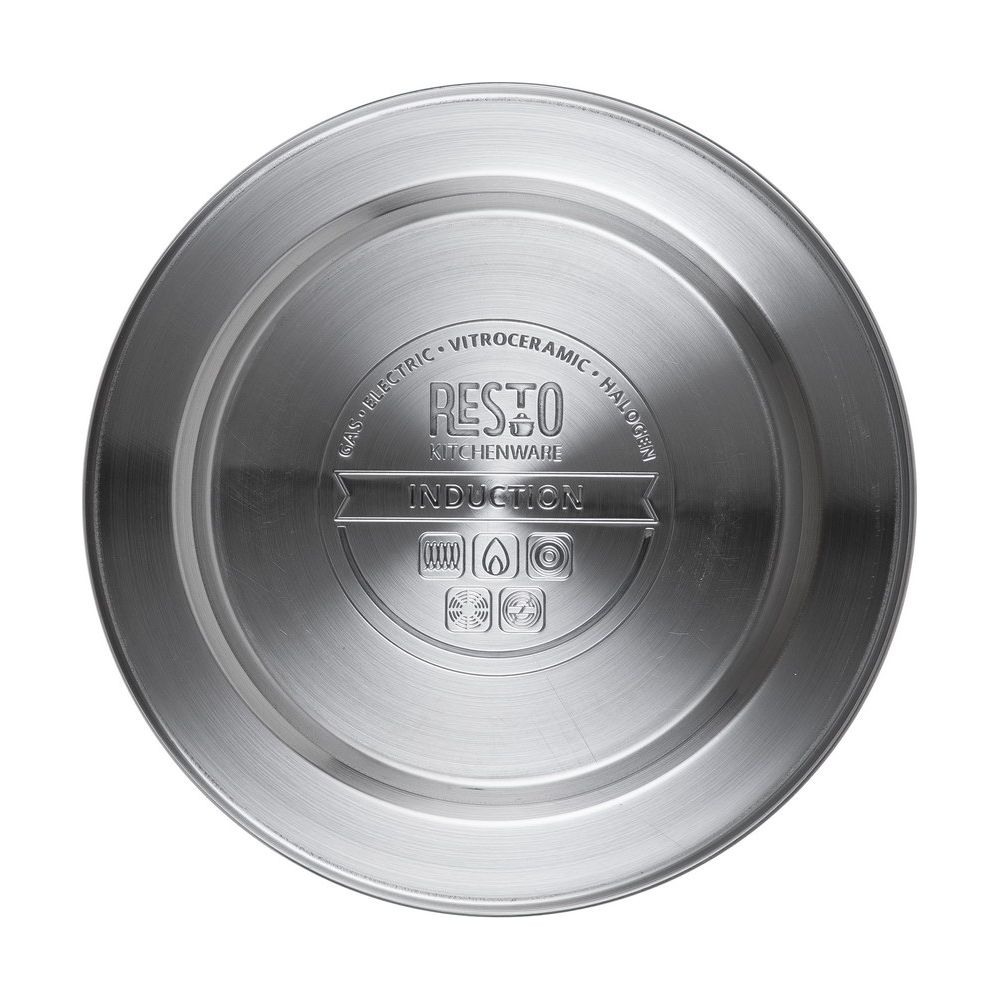 Fondo di una padella argentata con testo: RESTO KITCHENWARE INDUCTION.