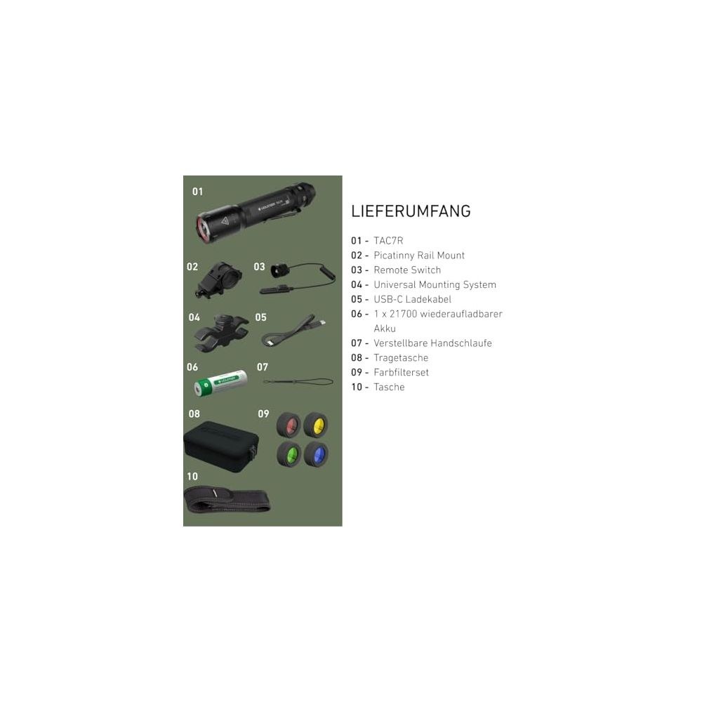 Liste d'accessoires pour lampe de poche : lampe, support, interrupteur, câble, batterie, filtres.