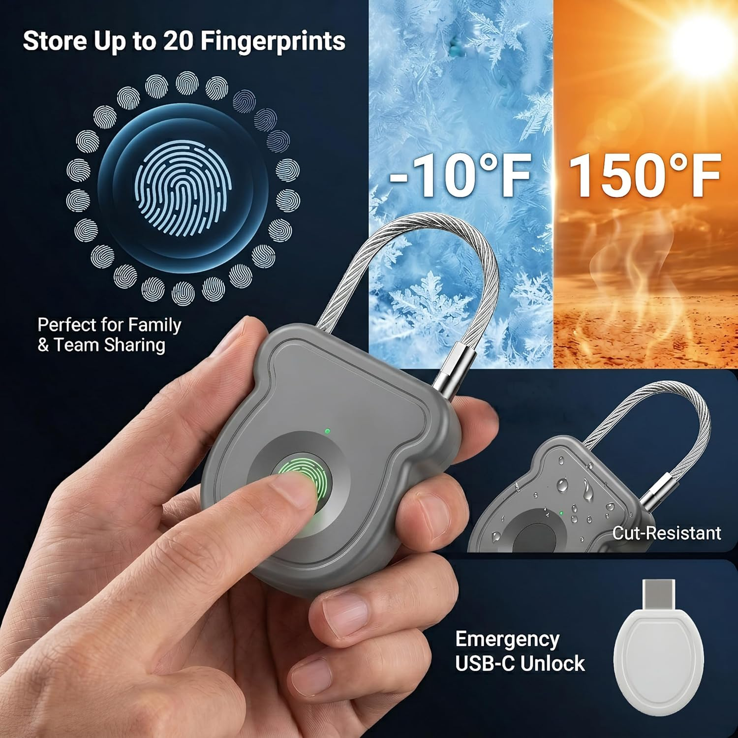 Graues Vorhängeschloss mit Fingerabdrucksensor, für -10°F bis 150°F, USB-C-Notentriegelung.