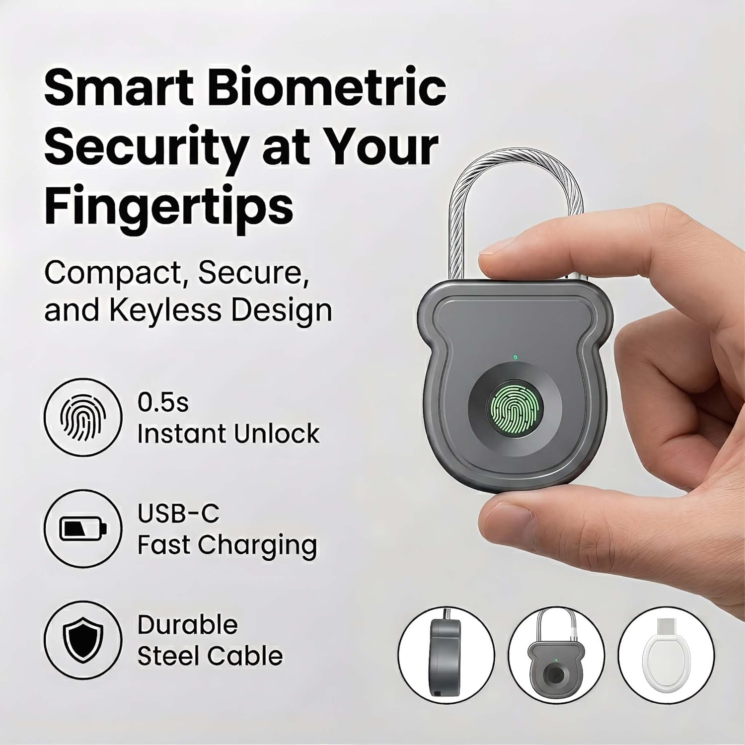 Graues Smart-Vorhängeschloss mit Fingerabdrucksensor, das von einer Hand gehalten wird.