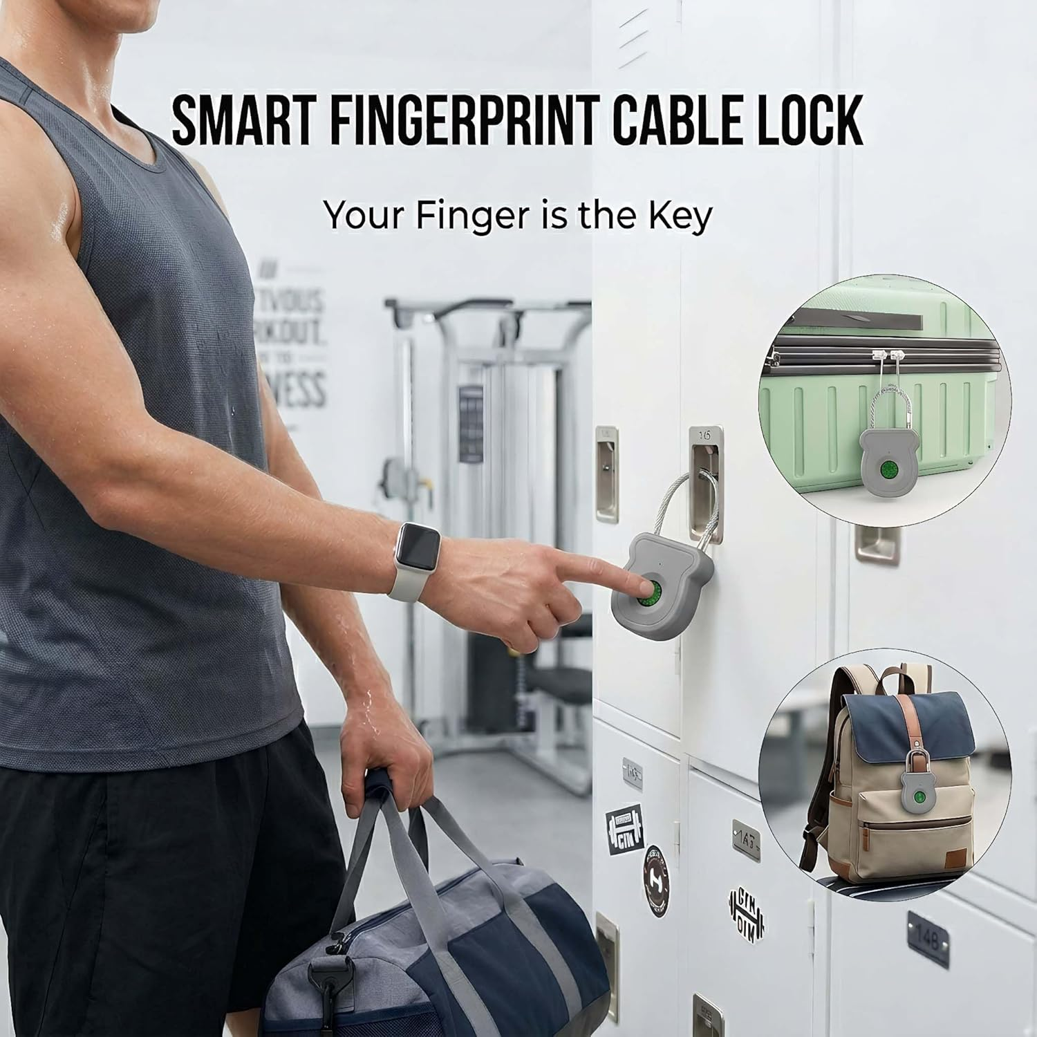 Mann im Fitnessstudio benutzt Fingerabdruckschloss am Spind. Andere Artikel gezeigt: Koffer, Rucksack.