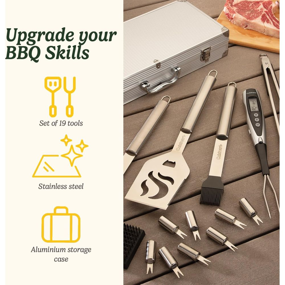 Migliora le tue abilità BBQ. Set di 19 attrezzi in acciaio inox in valigetta di alluminio.