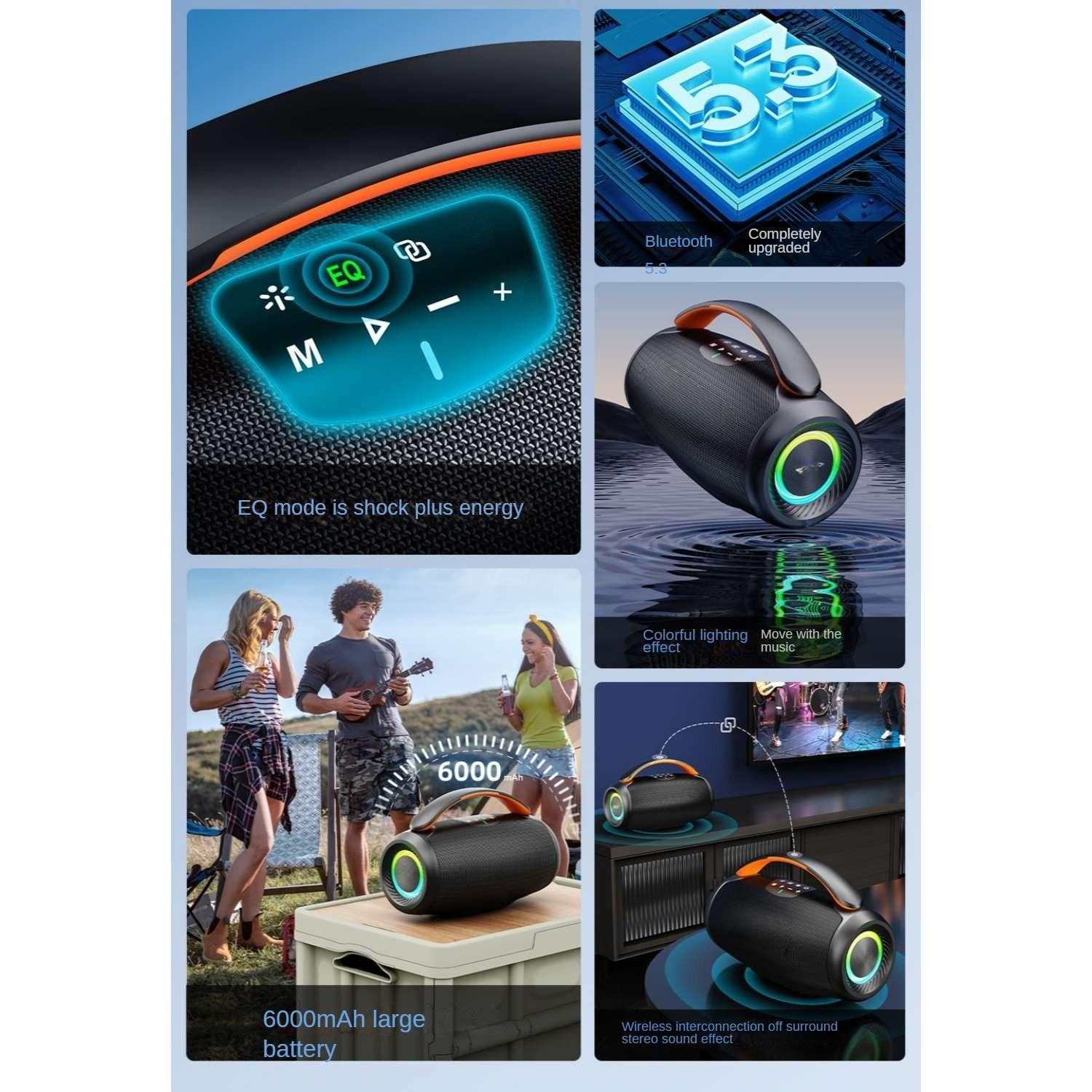 Ein tragbarer Lautsprecher mit EQ-Modus, Bluetooth 5.3 und 6000mAh Akku.