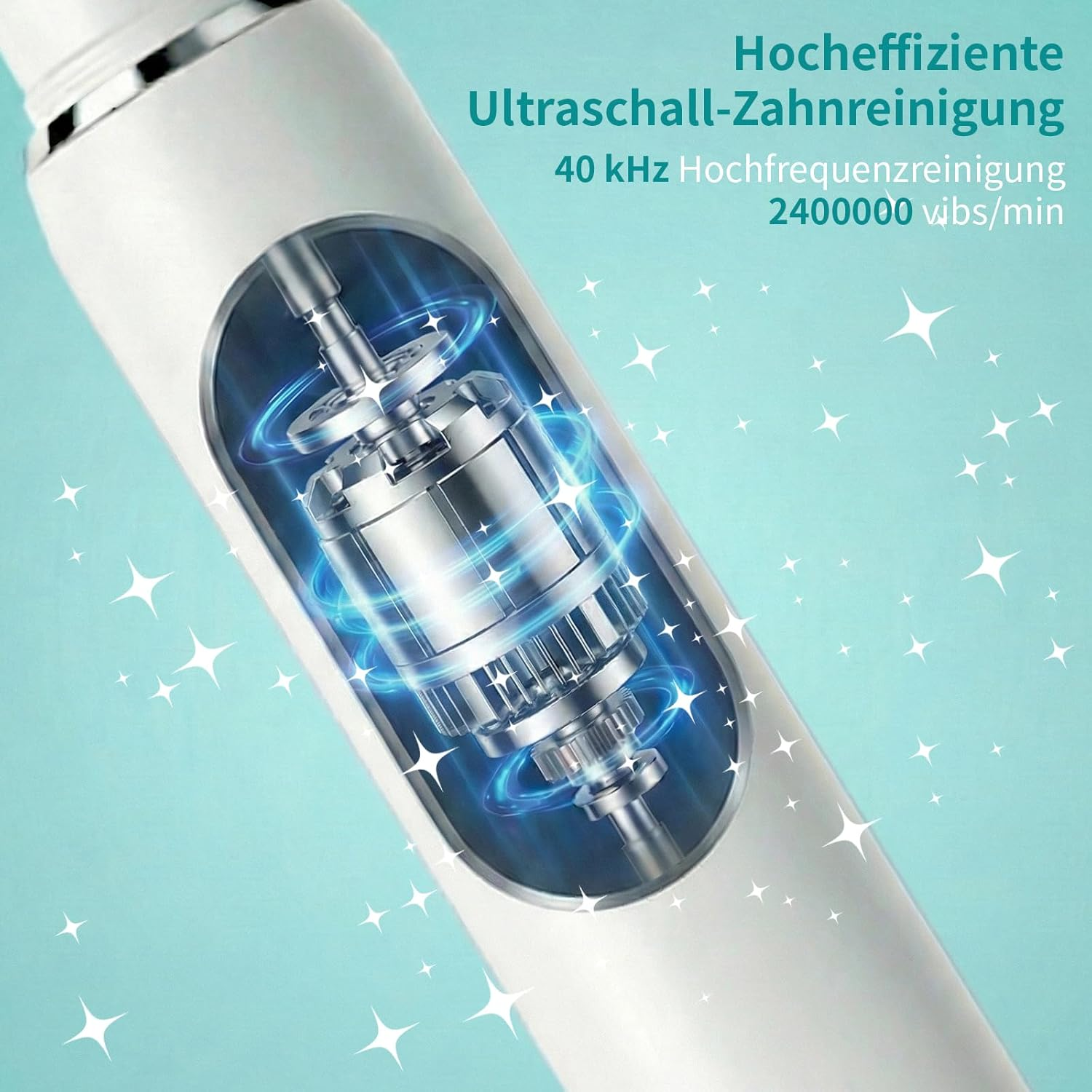 Elektrische Zahnbürste mit Ultraschall-Reinigungsmotor und Sternen.