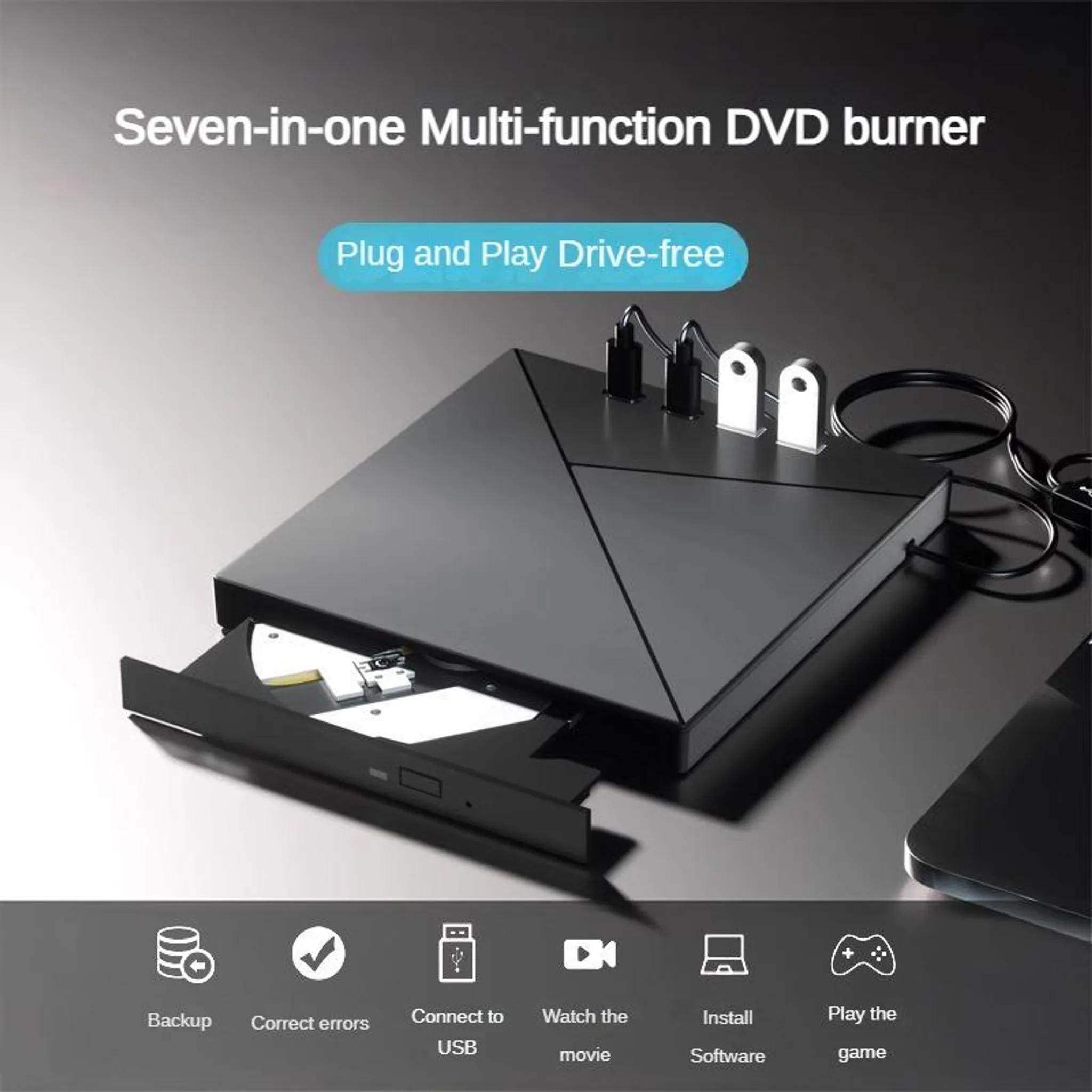 Schwarzer DVD-Brenner mit eingelegter Disc, angeschlossenen Kabeln und Symbolen.