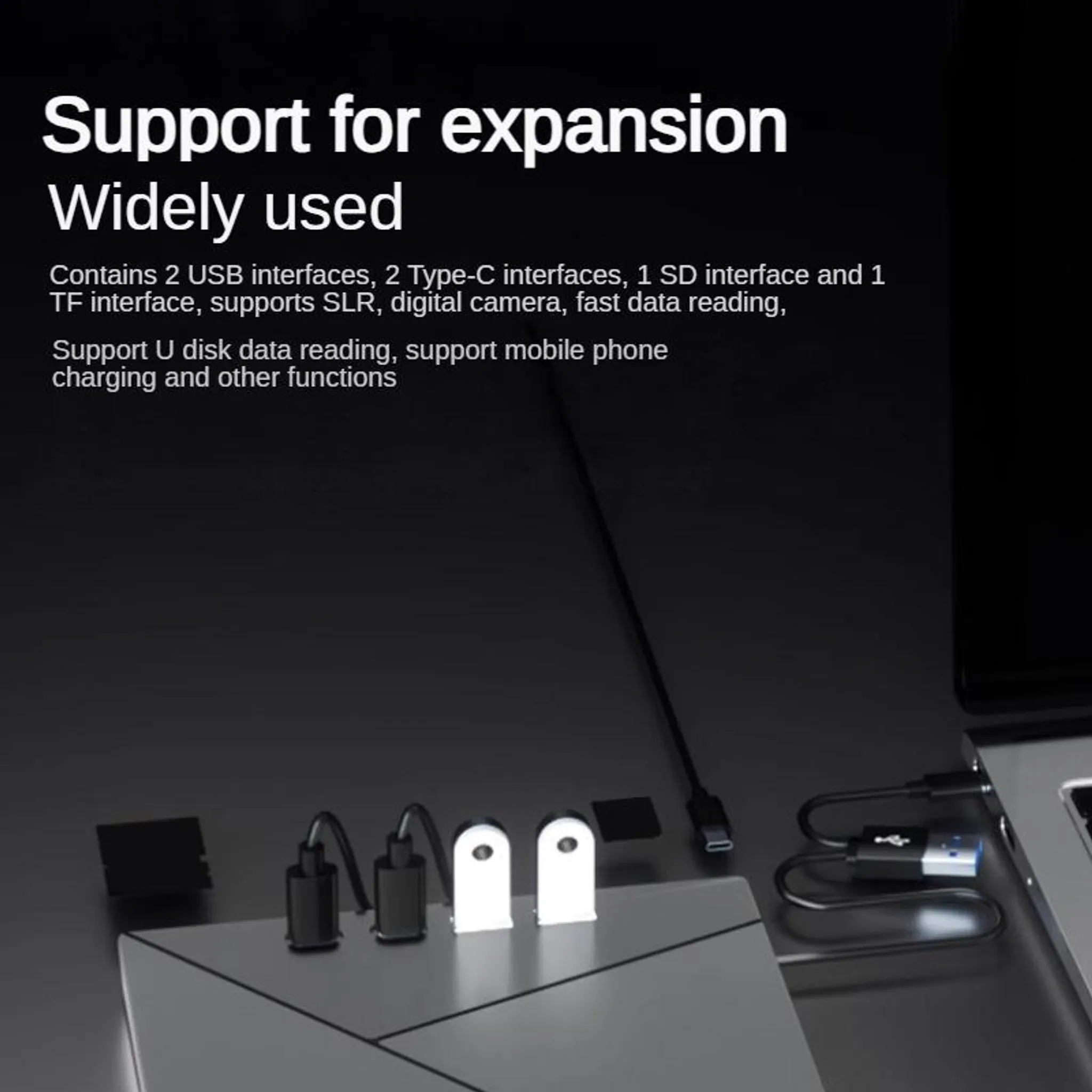 Ein USB-Hub mit mehreren Anschlüssen, einschließlich USB-A, USB-C, SD und TF-Karten.