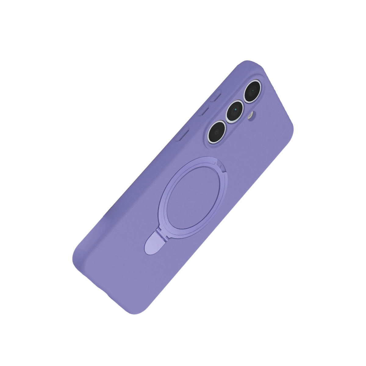 Arkada halka tutuculu ve üç kamera lensli mor telefon kılıfı.