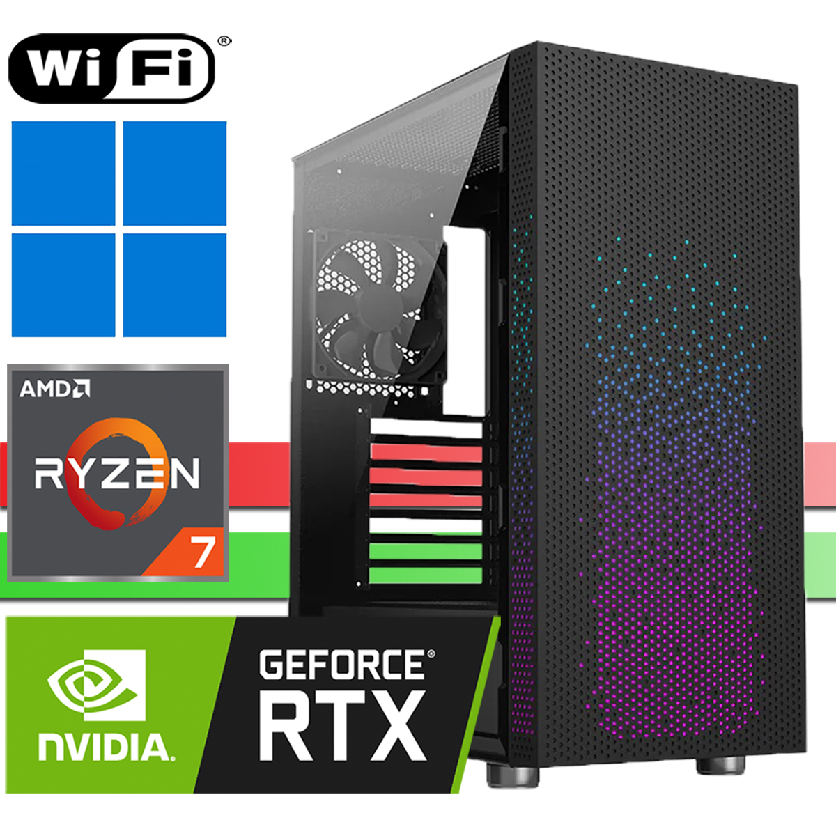 Ein PC-Gehäuse mit AMD Ryzen 7 und Nvidia RTX, mit Wi-Fi und Windows-Logo.