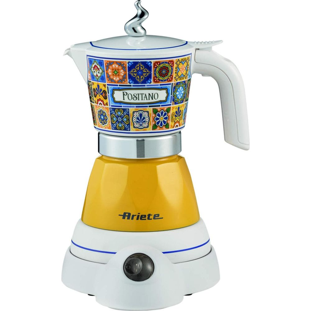 Eine gelbe Moka-Kanne mit bunten Fliesenmustern und dem Namen Positano.