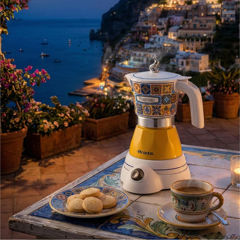 Kaffeemaschine mit Keksen und Kaffee auf einem Tisch mit Blick auf Positano bei Nacht.