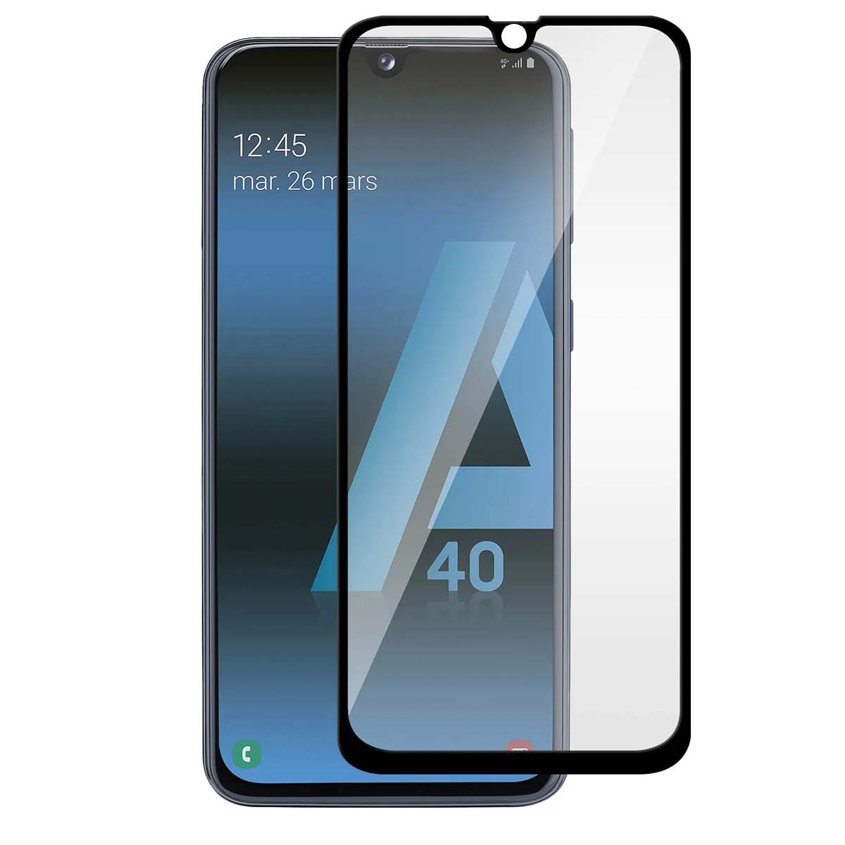 Een glazen schermprotector voor een smartphone met zwarte rand.