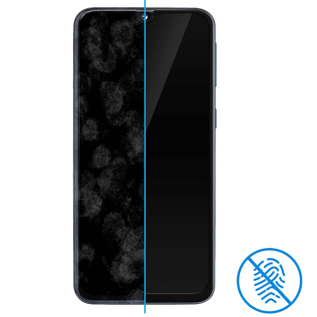 Een smartphone met vingerafdrukken links en een icoon zonder vingerafdrukken rechts.