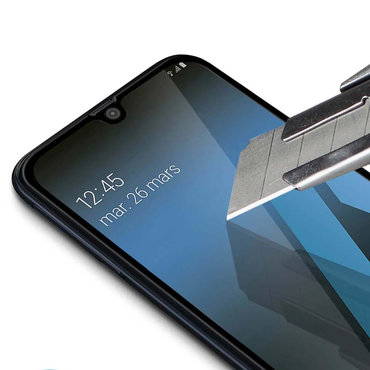 Een stanleymesje zal een smartphone scherm krassen om 12:45.