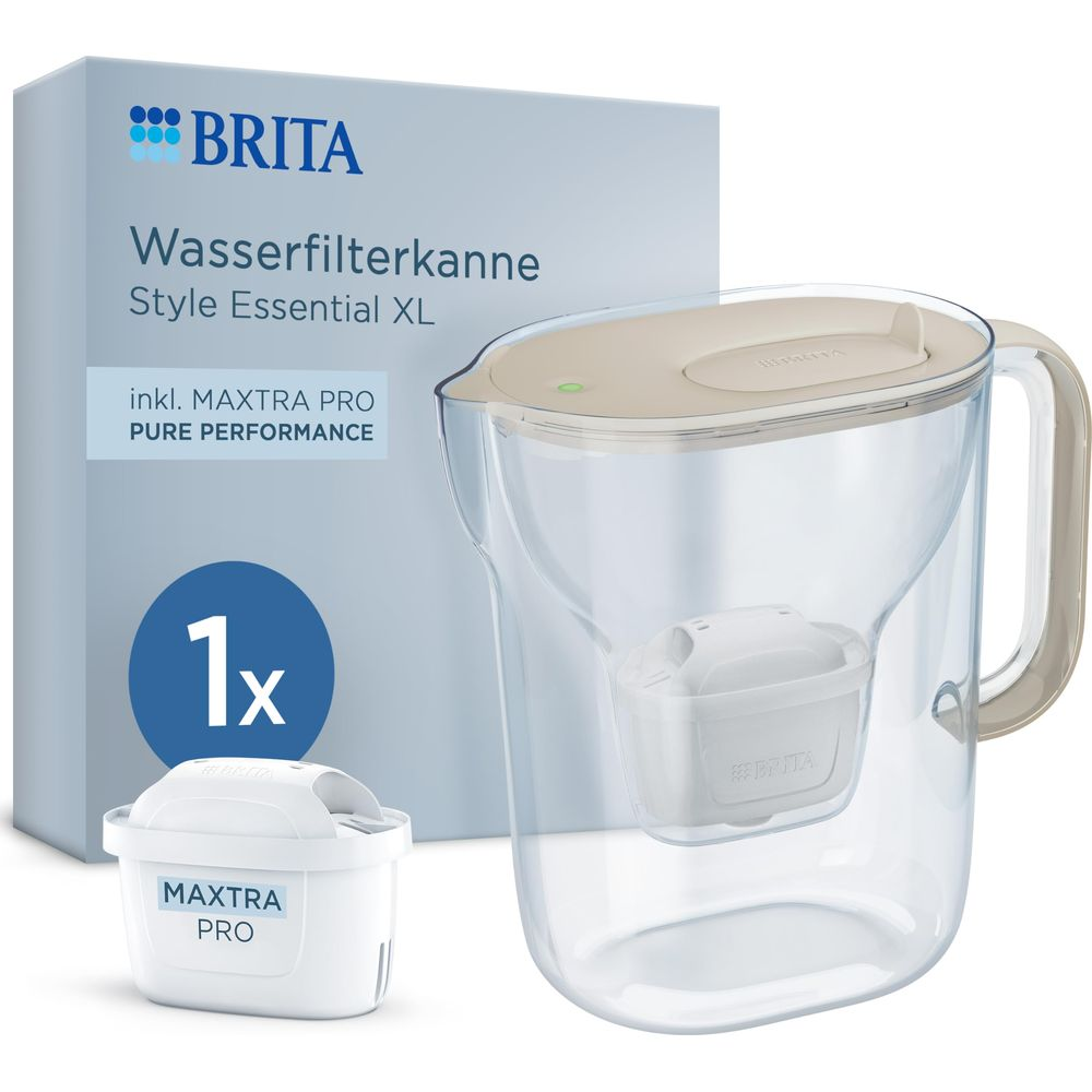 Brita Wasserfilterkanne Style Essential XL mit MAXTRA PRO Filterkartusche und Verpackung.