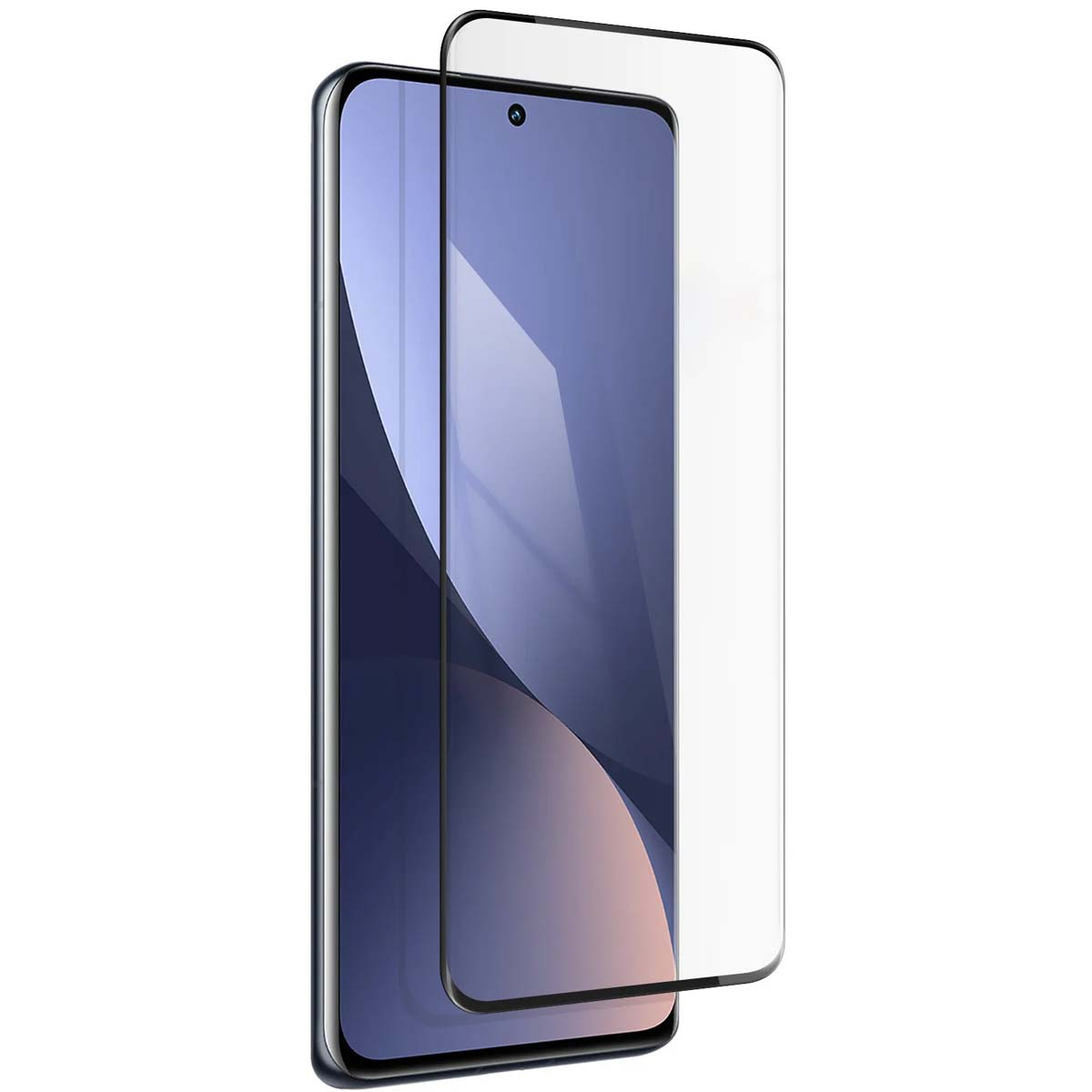 Een smartphone met een schermprotector op een witte achtergrond.