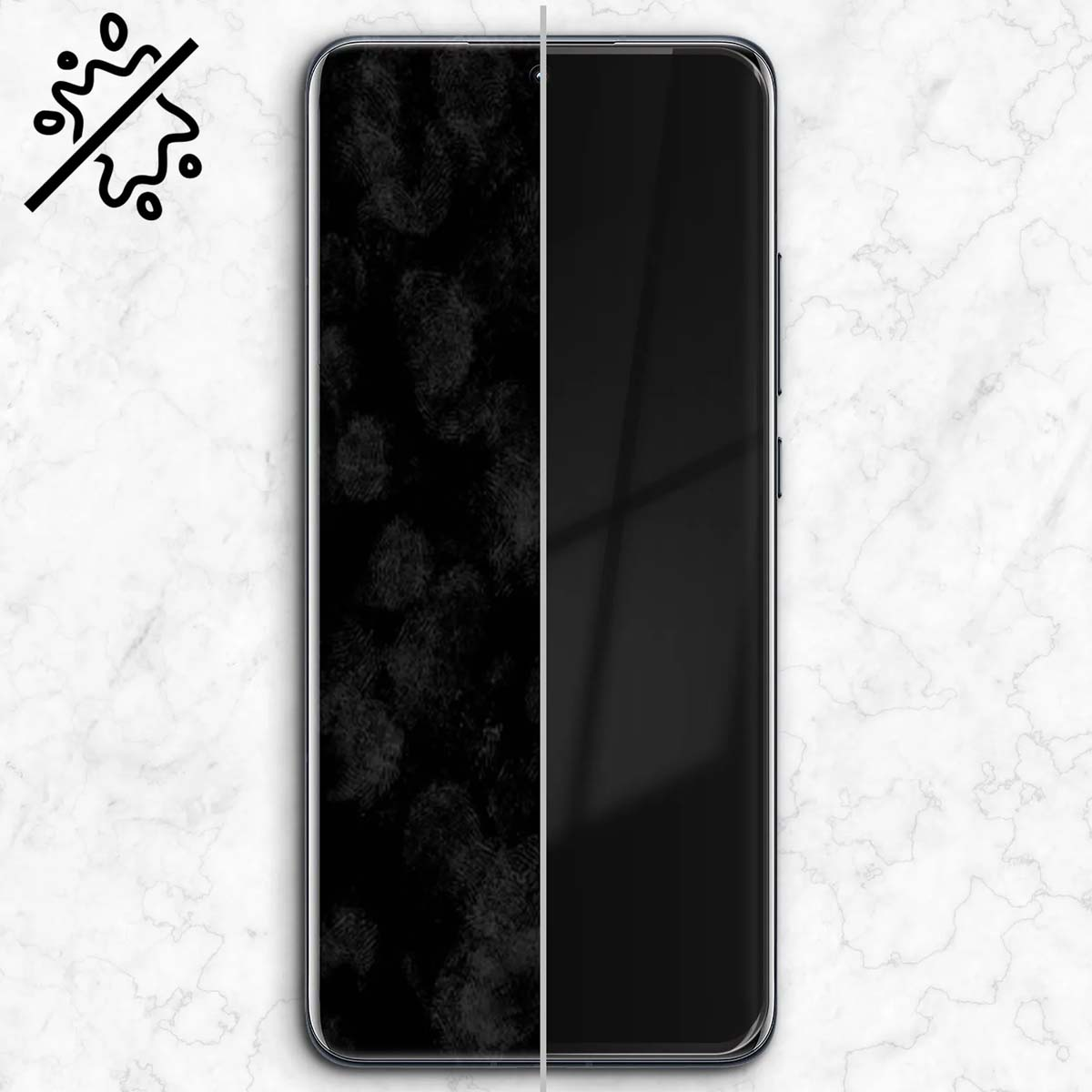 Telefoonscherm gedeeld: links vingerafdrukken, rechts schoon. Vloeistof-icoon met kruis.