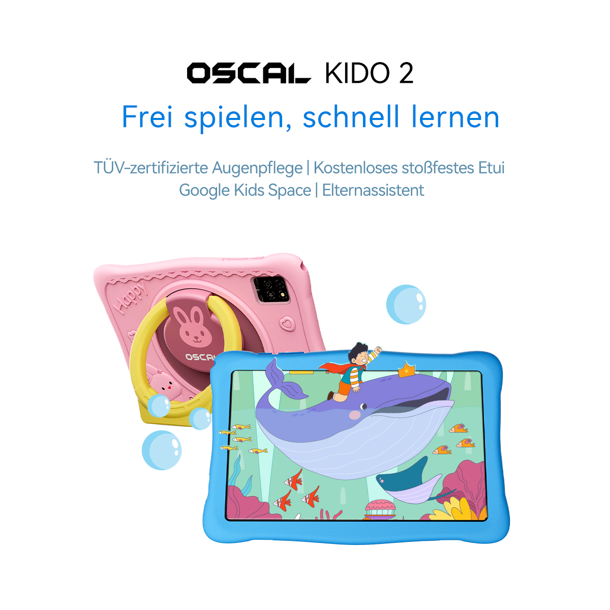 Zwei OSCAL KIDO 2 Tablets, eins pink, eins blau, mit Kinder-Apps.