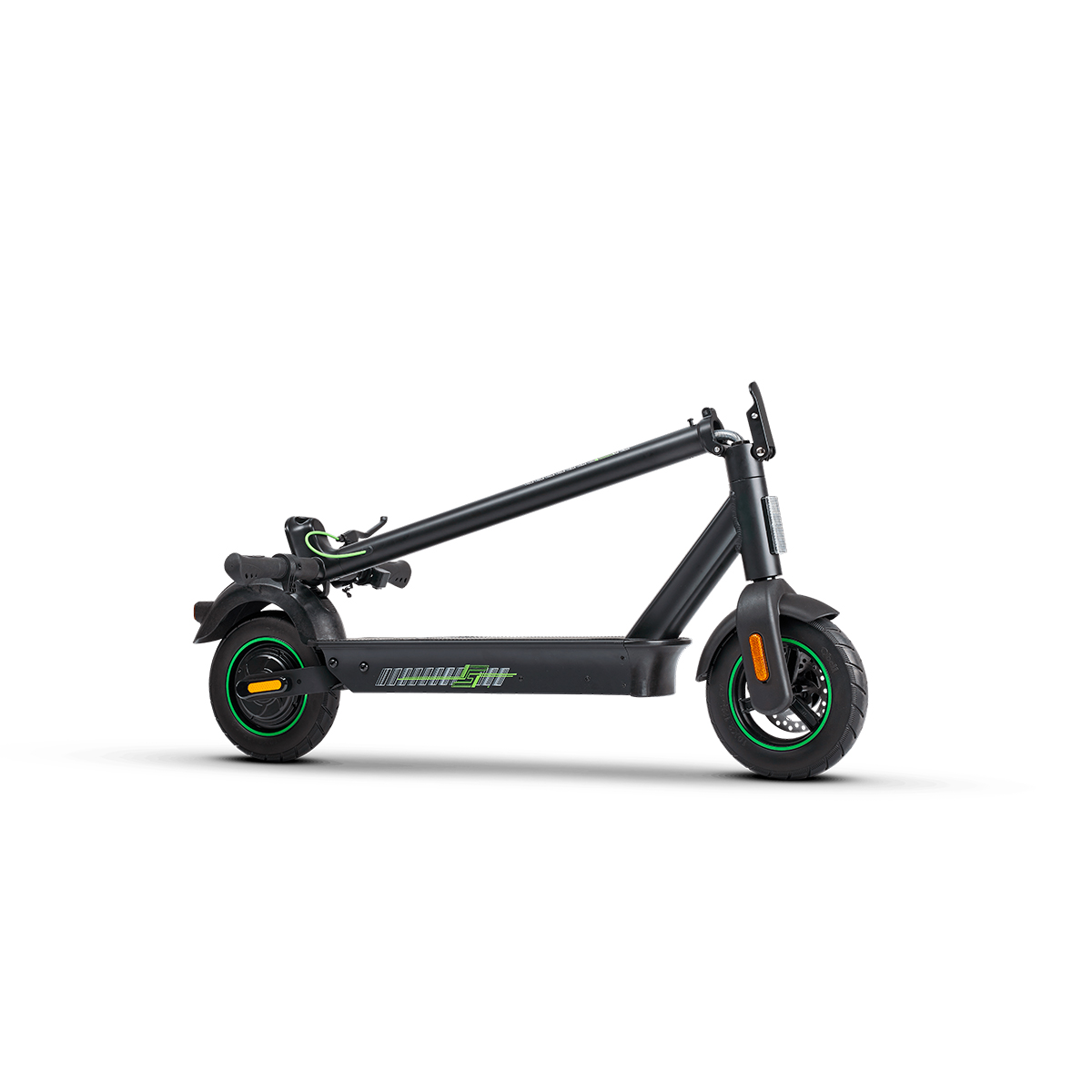 Patinete eléctrico negro con detalles verdes, parcialmente plegado.