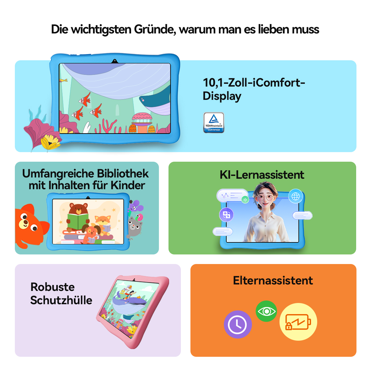 Ein Tablet mit blauem Schutzrahmen, das Kinder Inhalte, einen KI-Lernassistenten und Elternkontrollen bietet.