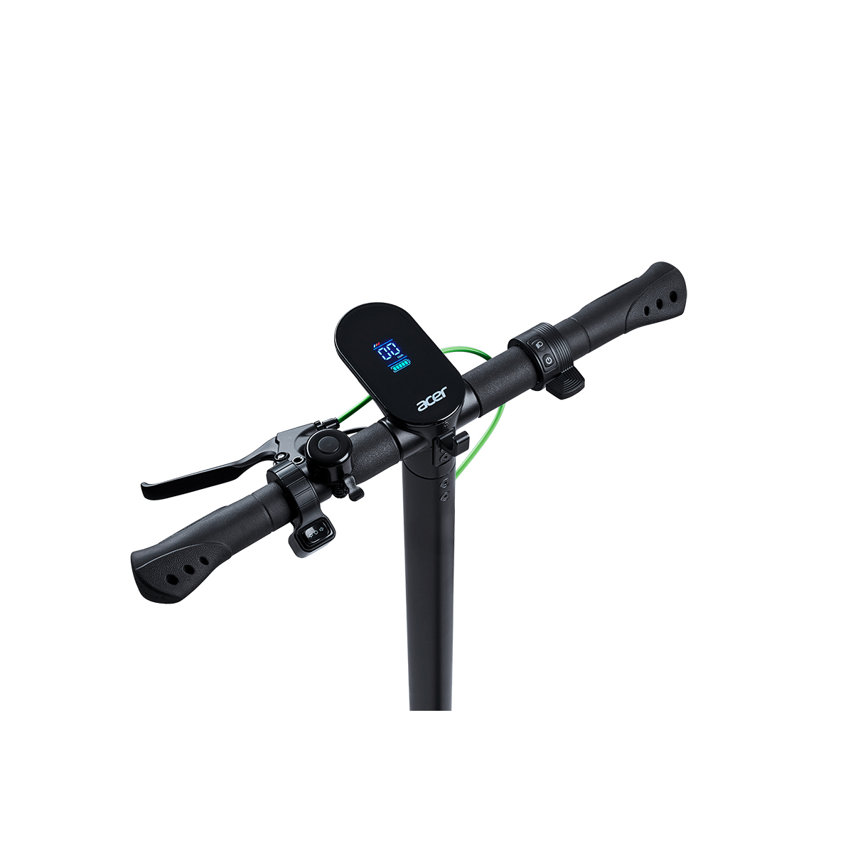 Manillar de un patinete eléctrico negro con pantalla LCD y logo Acer.
