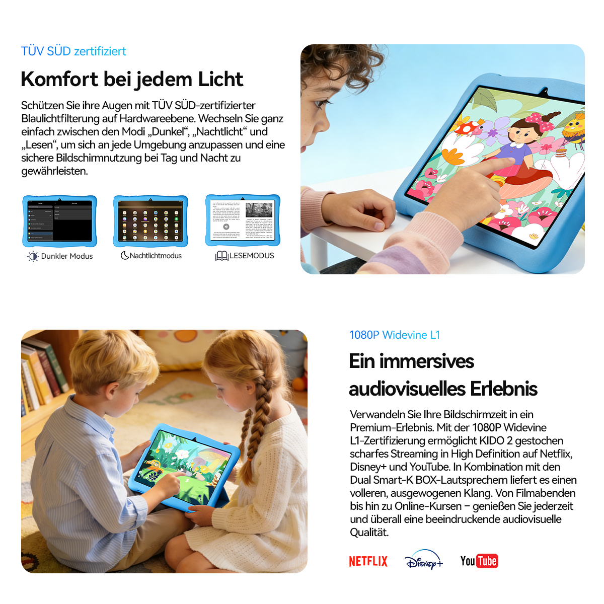 Ein Kind nutzt ein blaues Tablet, das eine bunte Zeichentrickfigur zeigt.