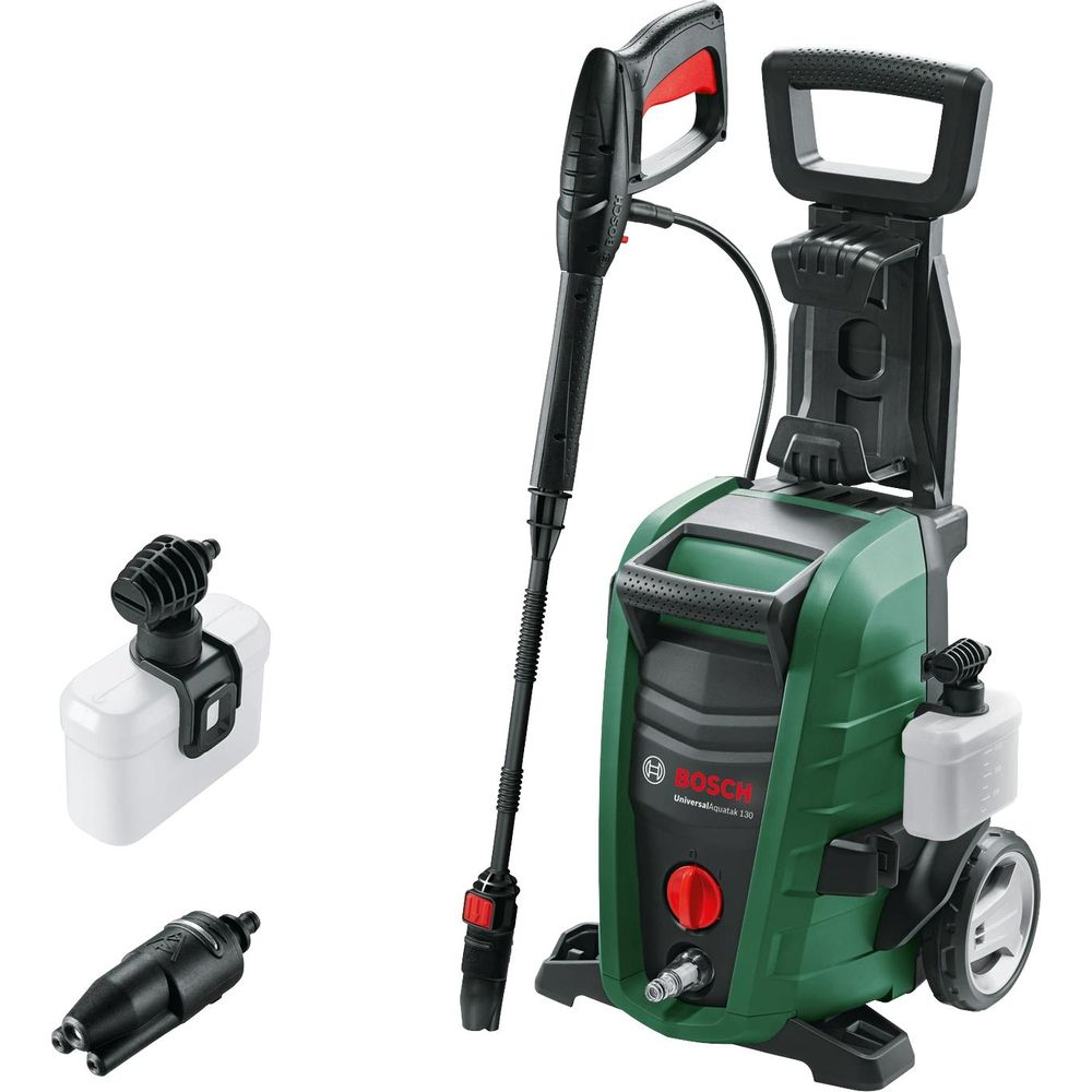 Nettoyeur haute pression Bosch vert avec pistolet, lance et accessoires.