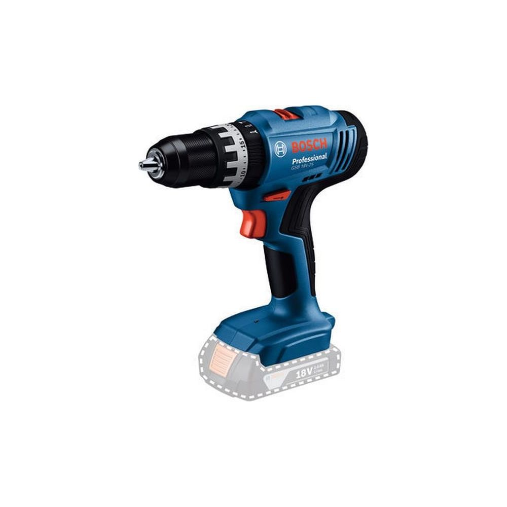 Une perceuse sans fil Bosch Professional bleue avec mandrin noir et gâchette rouge.