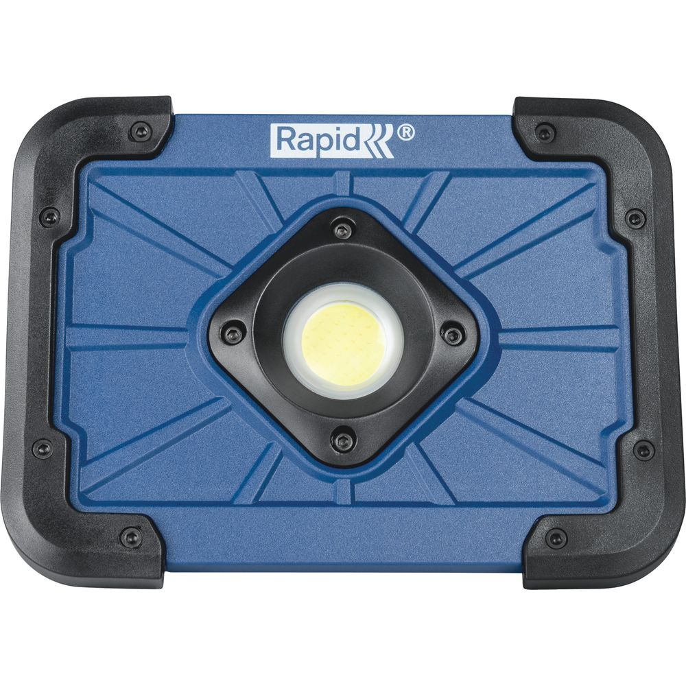 Lampe de travail LED rectangulaire bleue avec cadre noir et réflecteur argenté.