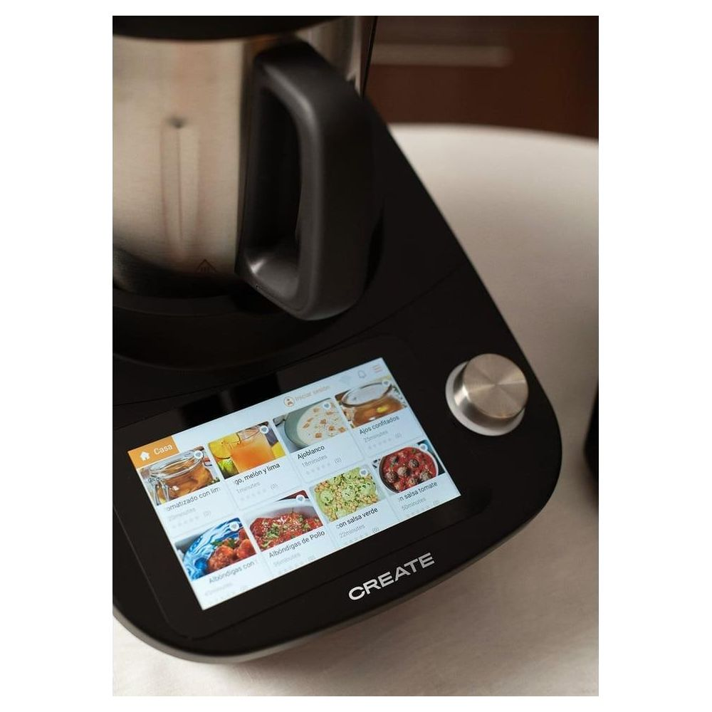 Un electrodoméstico de cocina con pantalla táctil que muestra recetas.