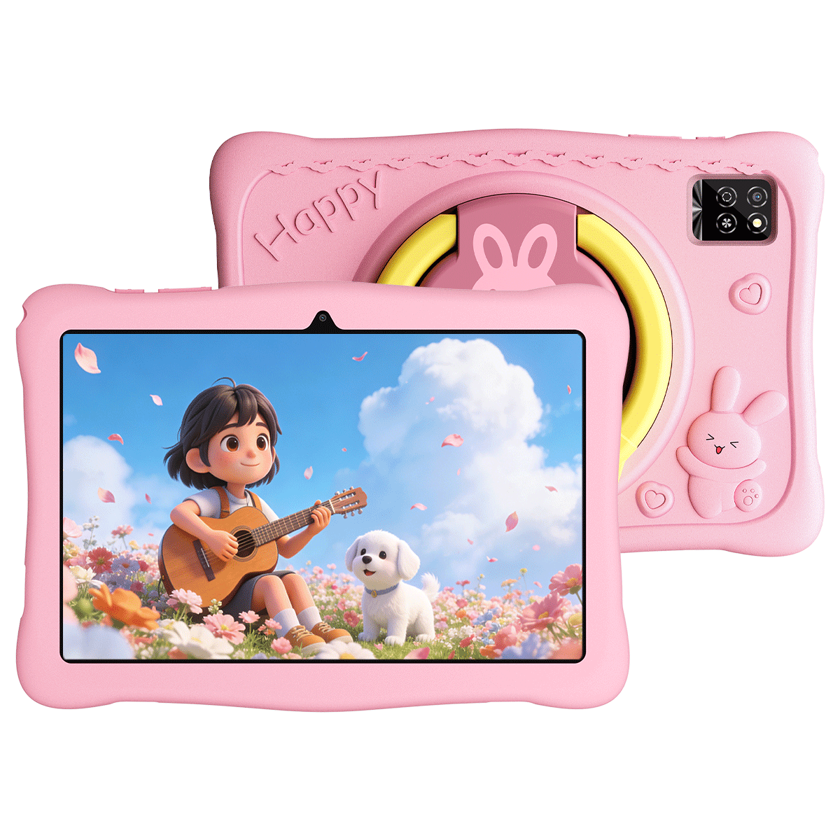 Różowy tablet z postacią dziewczynki grającej na gitarze i psem.