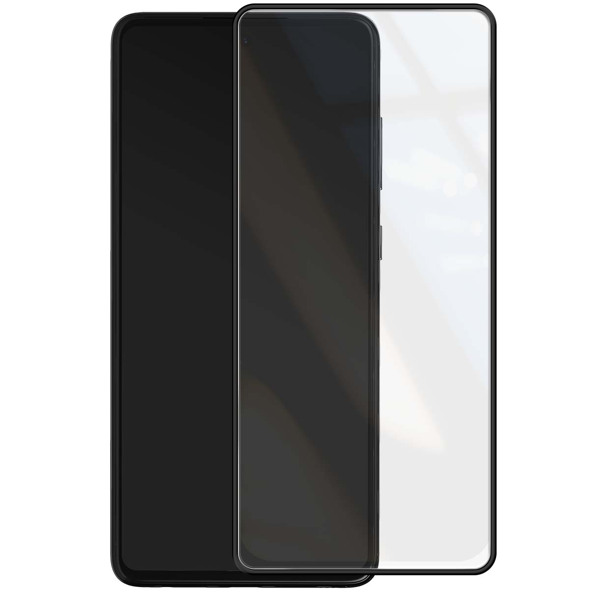 Due smartphone neri uno accanto all'altro, uno con proteggi schermo.