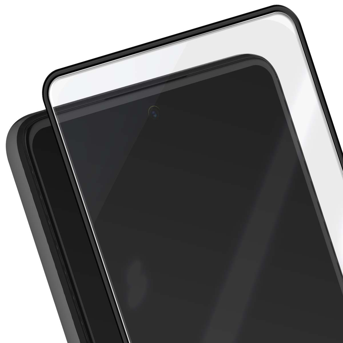Primo piano di uno smartphone nero con pellicola protettiva.