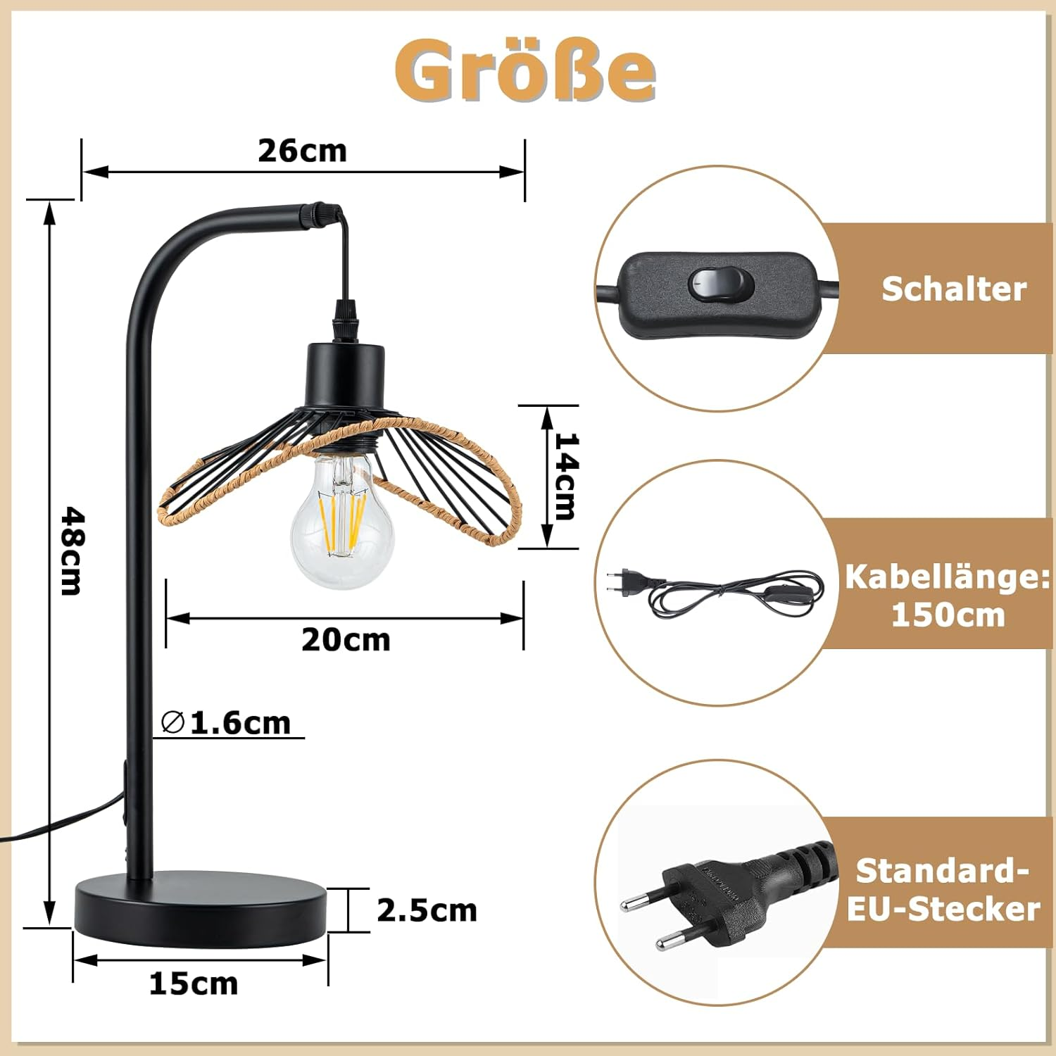 Lampa stołowa o wymiarach: wys. 48cm, szer. 26cm, gł. 20cm. Z włącznikiem i wtyczką UE.