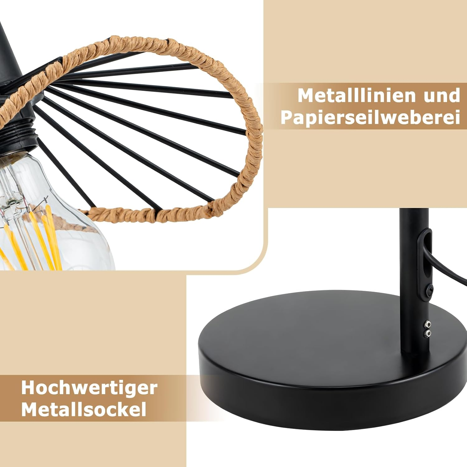 Lampa z czarną metalową podstawą, żarówką i akcentem z papierowej liny.