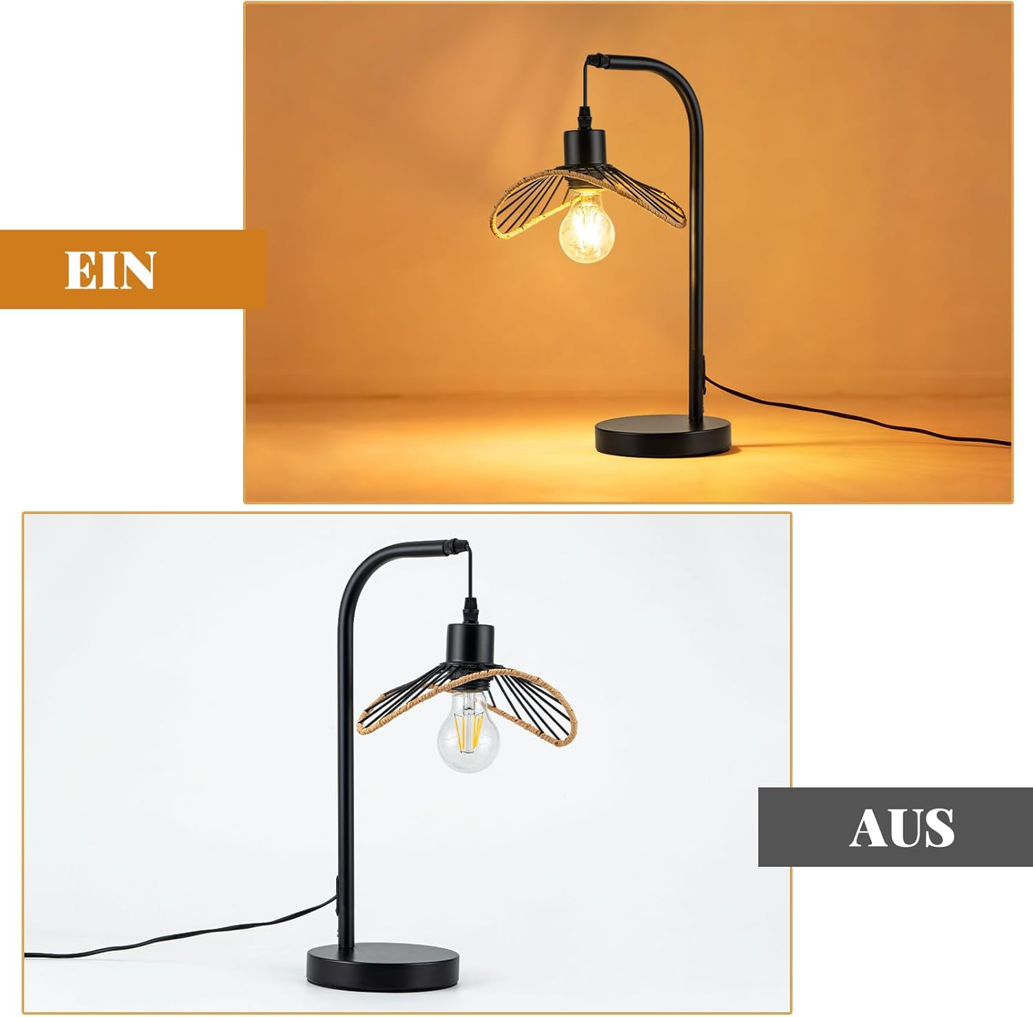 Lampa stołowa z czarną podstawą, plecionym kloszem i żarówką. Włączona/Wyłączona.
